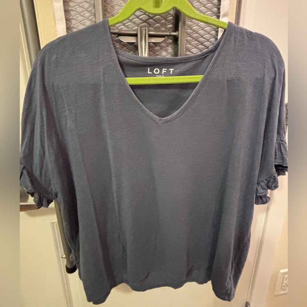 LOFT Slate Blue V-Neck Short Sleeve Ruffle Top